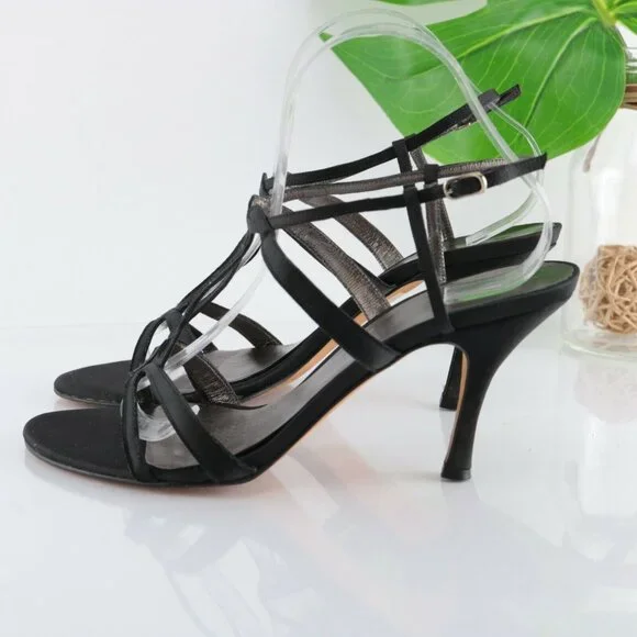 Faconnable Womens Sandal Size 10 Black Satin Strappy Caged High Heel Dress Shoe - Picture 8 of 12